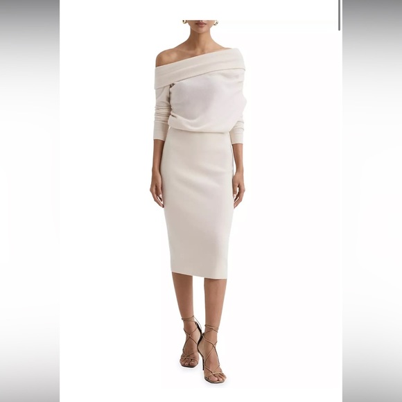 Reiss Sutton Wool blend off the shoulder cream midi dress size L - Picture 1 of 10